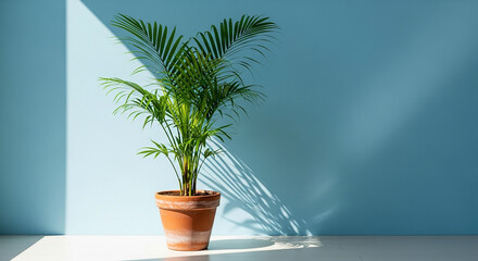 Indoor areca palm in a terracotta pot against a blue wall with sunlight and shadows