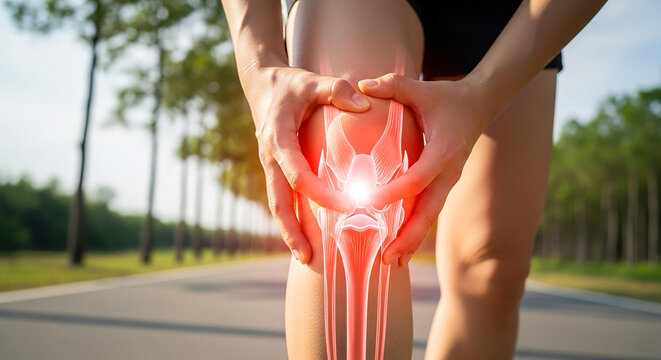 Woman holding her knee in pain with visible bones and red glow effect on knee joint