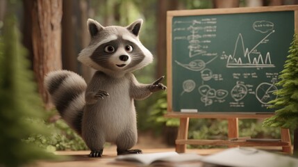 A cartoon raccoon teaches a lesson at a chalkboard in a forest