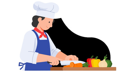 Professional chef skillfully chopping fresh vegetables for a healthy and delicious meal preparation. Ideal for illustrating culinary arts, cooking demonstrations, or healthy eating guides.