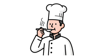 Illustrated Chef Tasting Food with a Spoon, Emphasizing Culinary Expertise and Quality Assurance for Food Industry, Restaurant Marketing, or Cooking Education Materials