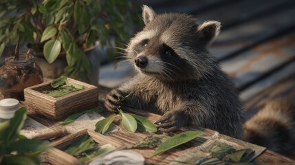 A curious raccoon examines leaves on a rustic table with plants