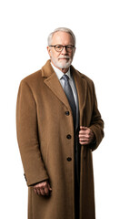 Elegant senior Caucasian man with grey hair and beard wearing a long brown coat, glasses, and a tie, standing professionally against a transparent background.