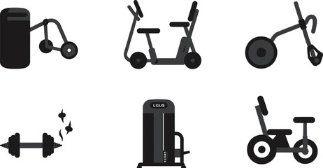 Gym equipment silhouette icons, fitness workout tools, punching bag, exercise bike, ab roller, barbell, weight machine, strength training illustration