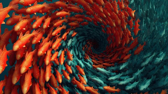 A vortex of orange and blue fish swirling into a central point - Powered by Adobe