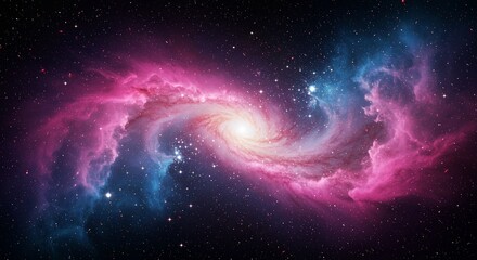 Obraz premium A vibrant spiral galaxy with pink and blue nebulae swirling around a bright central core, set against a dark, star-filled background.