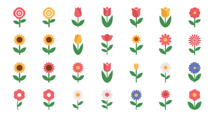 Colorful Flower Icon Set,  Vector Illustrations of Tulips, Sunflowers, Daisies, and Blossoms for Spring Design, Nature Decoration, Botanical Art, and Floral Graphics