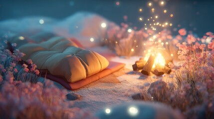 Cozy campfire with cushions and blooming flowers, a tranquil night scene