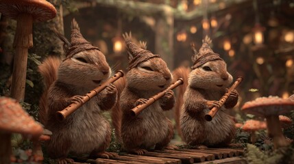 Naklejka premium Three woodland creatures in conical hats play flutes in a magical forest setting with glowing lights