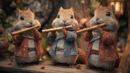 Three adorable chipmunks in outfits play flutes in a cozy, autumnal forest setting