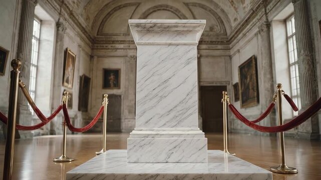 A classic museum scene with an empty display pedestal behind red velvet ropes. Ideal for showcasing priceless items, luxury goods, awards, or exclusive concepts.