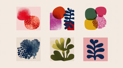 Six abstract, colorful art pieces with organic shapes and textured elements