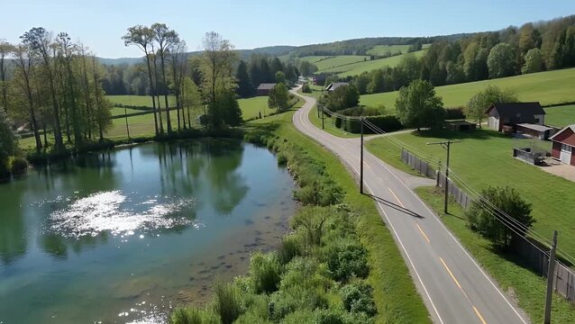 Filme  com Captacao de Drone de uma Autoestrada Sinuosa Ladeada por uma Paisagem Vegetal de Tons Verdes e um Lago de Aguas