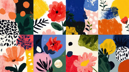 Vibrant patchwork of abstract floral motifs, organic shapes, and textures