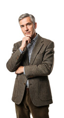 Fototapeta premium Thoughtful middle-aged Caucasian man with grey hair, wearing a brown tweed jacket and checkered shirt, looking pensive against a transparent background.