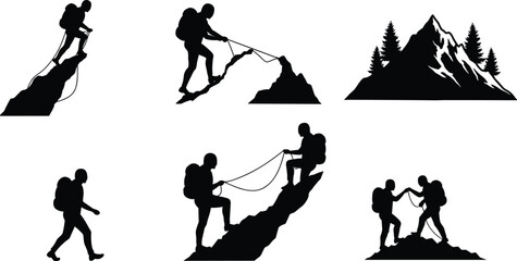 Mountain climbing silhouettes, hiking adventure icons, outdoor exploration design, teamwork support concept, natural landscape illustration, extreme sport activity, wilderness trekking posture