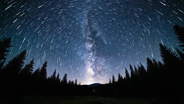 Cinematic timelapse of star trails above dark trees under clear night sky.