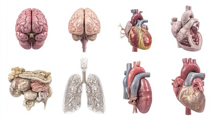 Collection of detailed human organs brains, hearts, lungs, and digestive system