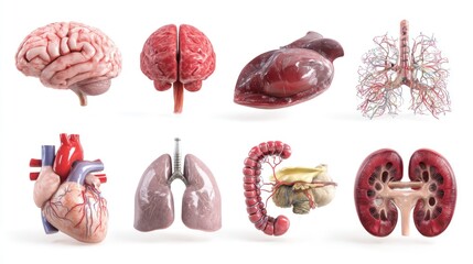 Realistic human organs brain, heart, lungs, colon, kidneys, and circulatory system