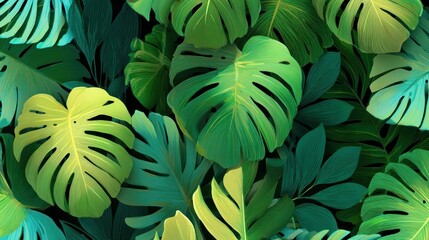 Lush, vibrant green foliage with varying shades and light creating a dense tropical jungle pattern
