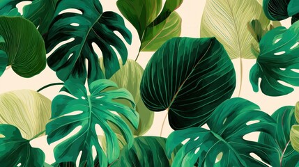 Lush emerald and jade foliage with distinct veins and shapes against a soft, creamy background
