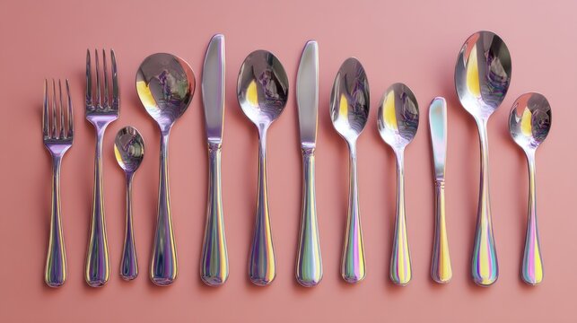 Iridescent cutlery arranged artfully on a soft pink backdrop - Powered by Adobe