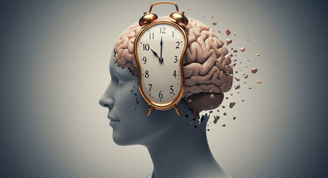Surreal concept of a melting clock merging with a human brain representing fading memories in Alzheimer&rsquo;s disease
