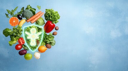 Nutrition concept. Fresh Fruits and Vegetables Arranged with Health Shield Concept for Nutrition and Wellness Promotion