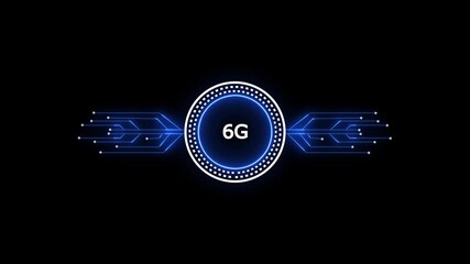 Glowing neon line HUD circle with 6g circuit board and electronic details on dark backdrop with dotted halftone effect.Futuristic Circuit Board. Circuit Footage. - Powered by Adobe