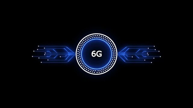 Glowing neon line HUD circle with 6g circuit board and electronic details on dark backdrop with dotted halftone effect.Futuristic Circuit Board. Circuit Footage. - Powered by Adobe