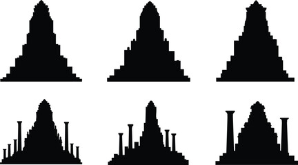 Pyramid silhouette icons, ziggurat structures, ancient architecture, stepped temples, historical monuments, cultural heritage, archeology design, classical building illustration