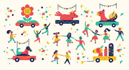 Festive Children's Parade Illustration with Cheerful Characters and Colorful Floats, Perfect for Educational Materials and Celebratory Event Designs.