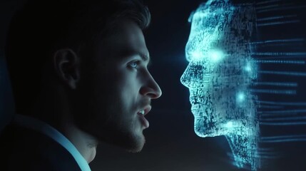 Businessman interacting with a holographic humanoid figure on a futuristic screen. Ideal for AI, innovation, and digital transformation themes - Powered by Adobe
