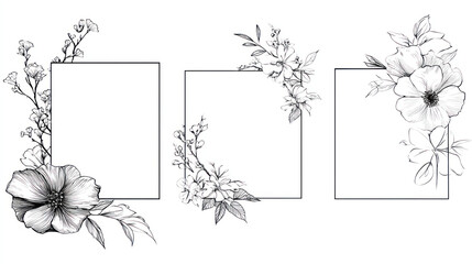Delicate floral embellishments adorn three empty square frames, rendered in monochrome sketch style