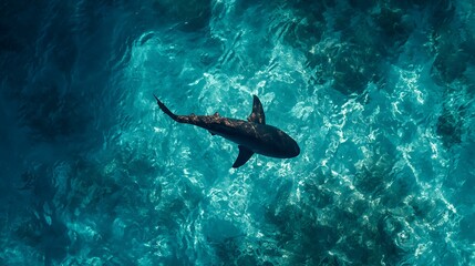 Obraz premium Striking aerial photograph of a powerful shark swimming through clear blue ocean water, its dark silhouette visible from above, conveying the mystery and raw beauty of marine life