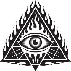 A black and white illustration of an eye inside a triangle with flames around the edges of it