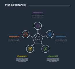 Star Base shape infographic process diagram with creative shape with hexagon base center with dark background bright outline style 5 points