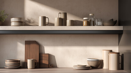 modern kitchen, minimalist design, open shelving, ceramic tableware, neutral tones