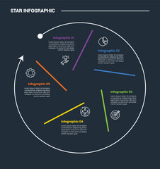 Star Base shape infographic process diagram with big outline circle with tilt line separator create star structure with dark background bright outline style 5 points