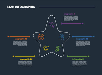 Star Base shape infographic process diagram with star with tall header unbalance with dark background bright outline style 5 points