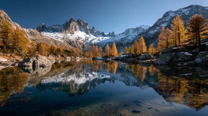 Obraz premium Mountain range reflected in a calm lake surrounded by autumn trees under blue sky.