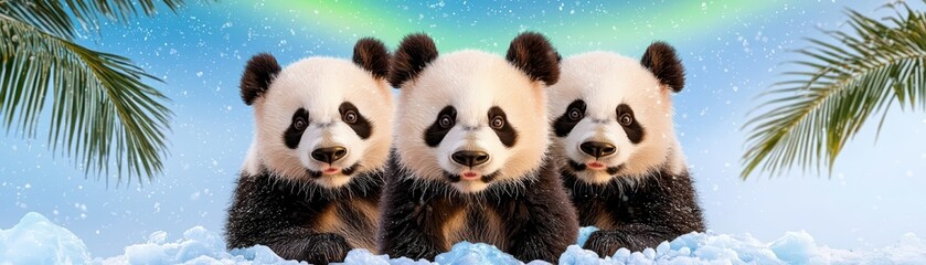Obraz premium Panda concept. Three adorable giant pandas posing in a festive snowy scene with vibrant colors and tropical palm trees in the background