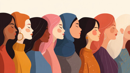 Diverse women in profile, facing right, each unique in skin tone and attire