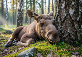 Young moose calf resting peacefully on forest floor with head leaning against tree trunk, surrounded by soft moss and gentle morning sunlight in tranquil woodland setting