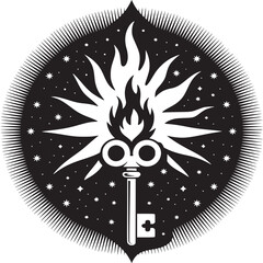 A black and white illustration of a key with flames and stars inside of a decorative border