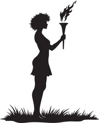 Silhouette of woman with curly hair holding flaming torch in grass
