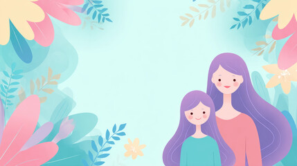 Gentle mother and daughter embrace amidst soft floral pastels, radiating warmth and love
