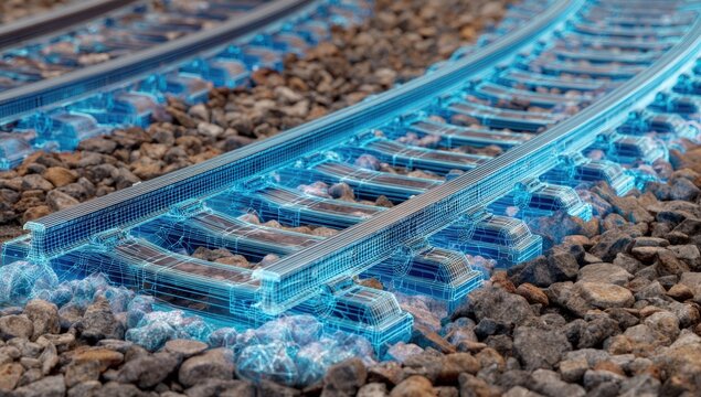 Close-up railway tracks with digital overlay - Powered by Adobe