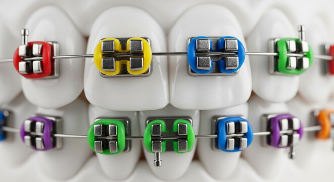 Closeup dental model showing colorful orthodontic braces on teeth, highlighting the metal brackets and wires used for alignment, isolated on