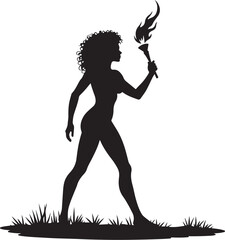 Silhouette woman holding flaming torch walking on grass